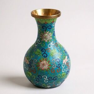 Vintage Chinese Cloisonné Vase 8" Blue Flowers Brass Enamel Design